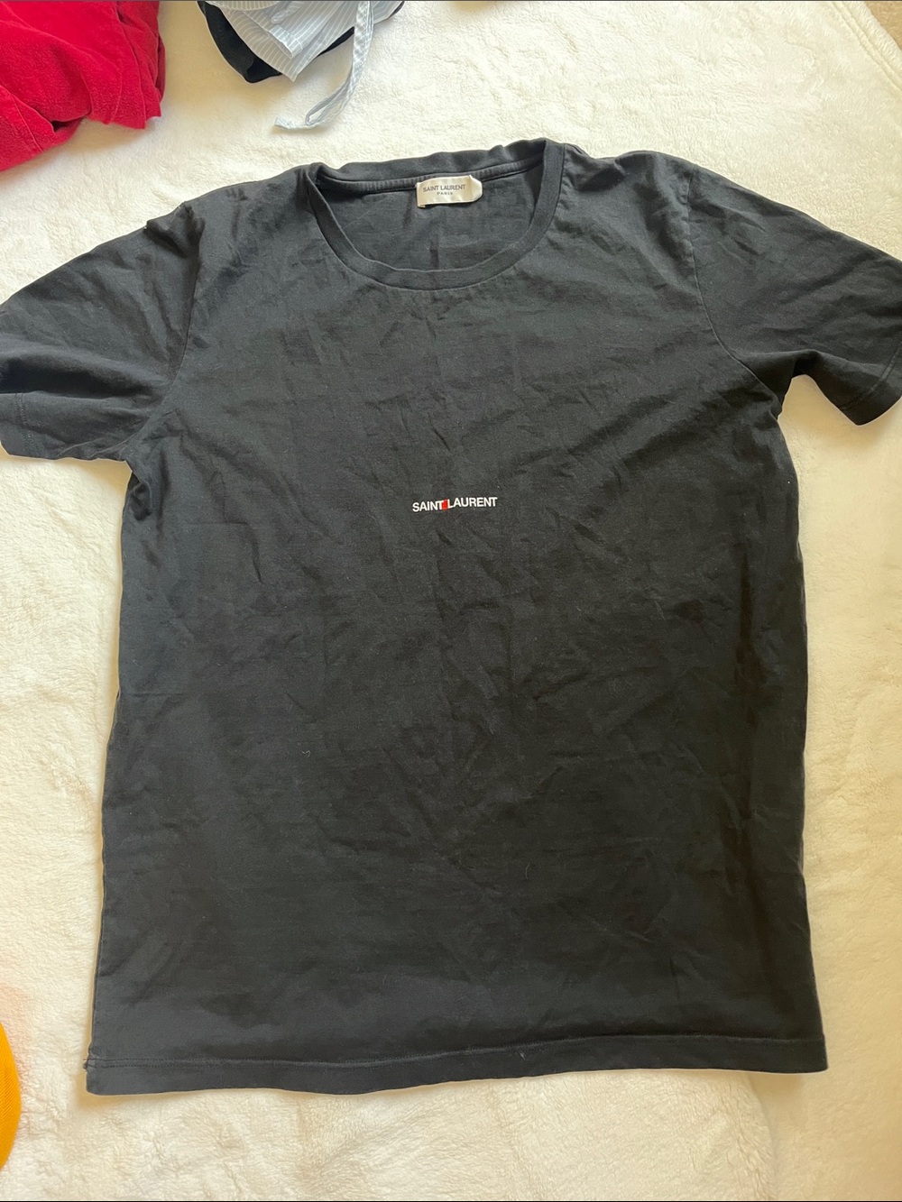 Saint Laurent Black Crewneck T-Shirt with Small White & Red Logo
